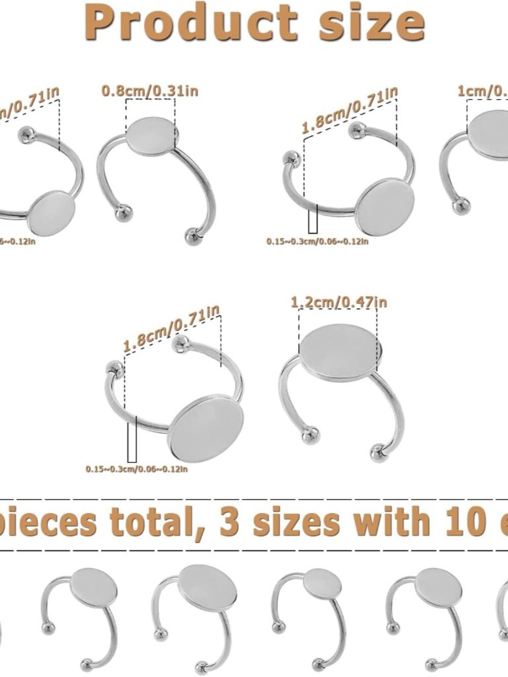 30 Pcs Blank Rings - Stainless Steel Adjustable Pad Ring Base, Flat Blank Ring B - Picture 2 of 6